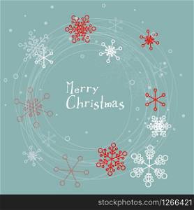 Retro simple Christmas card with white snowflakes on blue background