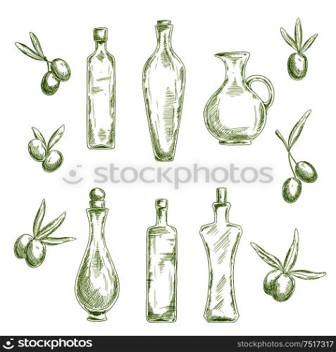 Retro sketch drawings of wholesome organic olive oil in decorative figured glass bottles with cork stoppers and old fashioned jug, flanked by fresh olive fruits. Agriculture or healthy nutrition theme design usage. Organic olive oil with fresh fruits sketch icons