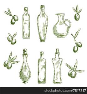Retro sketch drawings of wholesome organic olive oil in decorative figured glass bottles with cork stoppers and old fashioned jug, flanked by fresh olive fruits. Agriculture or healthy nutrition theme design usage. Organic olive oil with fresh fruits sketch icons