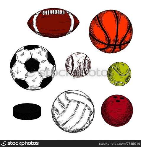 Retro sketch of ice hockey puck with colorful balls for soccer, american football or rugby, volleyball, baseball, basketball, bowling and tennis. Sporting items for competition theme or sport club design usage. Ice hockey puck with balls for various sport games
