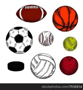 Retro sketch of ice hockey puck with colorful balls for soccer, american football or rugby, volleyball, baseball, basketball, bowling and tennis. Sporting items for competition theme or sport club design usage. Ice hockey puck with balls for various sport games