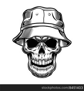 Retro skull in panama vector illustration. Black dead head of tourist in hat. Hawaii and tropical vacation concept can be used for retro template, banner or poster