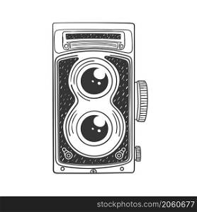 Retro SLR camera. Retro hand-drawn camera. Illustration in sketch style. Vector image
