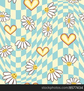 Retro Smile Chamomile Seamless Pattern on 1970 Wavy Swirl Pattern. Hippie Aesthetic. Retro Smile Chamomile Seamless Pattern on 1970 Wavy Swirl Seamless Pattern. Hippie Aesthetic.