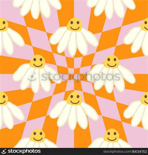 Retro Smile Chamomile Seamless Pattern on 1970 Wavy Swirl Seamless Pattern. Hippie Aesthetic. Floral wallpaper. Retro Smile Chamomile Seamless Pattern on 1970 Wavy Swirl Seamless Pattern. Hippie Aesthetic.