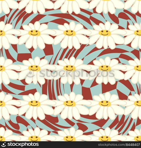 Retro Smile Chamomile Seamless Pattern on 1970 Wavy Swirl Seamless Pattern. Hippie Aesthetic. Floral wallpaper. Retro Smile Chamomile Seamless Pattern on 1970 Wavy Swirl Seamless Pattern. Hippie Aesthetic.