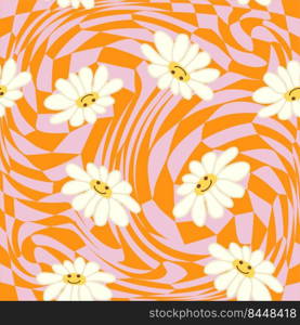 Retro Smile Chamomile Seamless Pattern on 1970 Wavy Swirl Seamless Pattern. Hippie Aesthetic. Floral wallpaper. Retro Smile Chamomile Seamless Pattern on 1970 Wavy Swirl Seamless Pattern. Hippie Aesthetic.