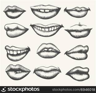 Retro smiling and kissing mouth set. Lips engraving. Retro human face lips, vintage smiling and kissing mouth set vector illustration