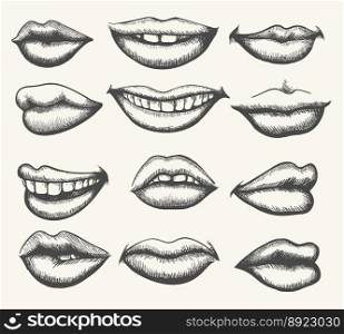 Retro smiling and kissing mouth set vector image