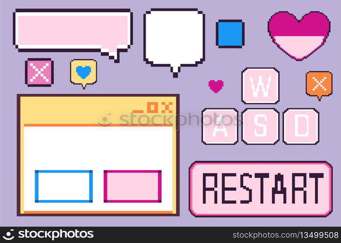 Retro software user interface elements set isolated on background. Vector illustration of blank y2k messenger window, empty speech bubble, pixel heart icon, restart button, vaporwave computer design. Retro software user interface elements set