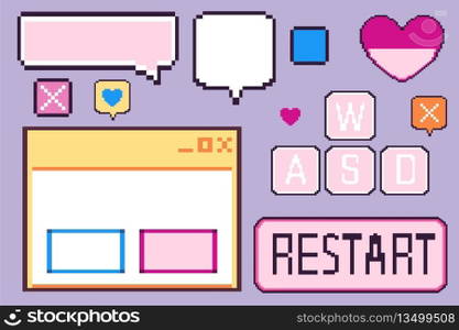 Retro software user interface elements set isolated on background. Vector illustration of blank y2k messenger window, empty speech bubble, pixel heart icon, restart button, vaporwave computer design. Retro software user interface elements set