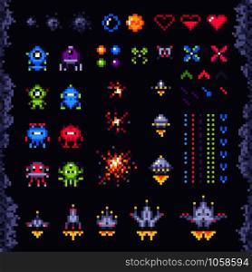 Retro space arcade game. Invaders spaceship, pixel invader monster and retro video games pixel art icons. Vintage computer 8 bits graphics pixel game isolated objects illustration set. Retro space arcade game. Invaders spaceship, pixel invader monster and retro video games pixel art isolated objects illustration set