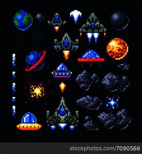Retro space arcade game pixel elements. Invaders, spaceships, planets and ufo vector set. Video arcade game in pixel art, illustration of spaceship and invader rocket. Retro space arcade game pixel elements. Invaders, spaceships, planets and ufo vector set