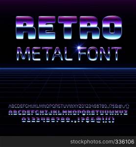 Retro space metal vector font. Metallica futuristic chrome letters and numbers in 80s vintage style. Futuristic vintage alphabet, typeface 80s typography illustration. Retro space metal vector font. Metallica futuristic chrome letters and numbers in 80s vintage style
