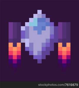Retro spaceship, pixel art sign in 8 or 16 bit game in dark night sky. Vector starship in universe, pixel-art play and burning rocket ship on purple, pixelated cosmic object for mobile app games. Retro Spaceship, Pixel Art Game Rocket at Night