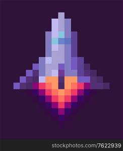 Retro spaceship, pixel art sign in 8 or 16 bit game in dark night sky. Vector starship in universe, pixel-art play and burning rocket ship on purple, pixelated cosmic object for mobile app games. Retro Spaceship, Pixel Art Game Rocket at Night