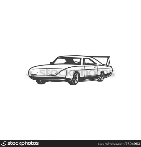 Retro sports car icon, coupe model vehicle. Vector isolated classic muscle car motor, vintage transport and old rare automobiles. Classic sports car, retro coupe vehicle