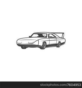 Retro sports car icon, coupe model vehicle. Vector isolated classic muscle car motor, vintage transport and old rare automobiles. Classic sports car, retro coupe vehicle