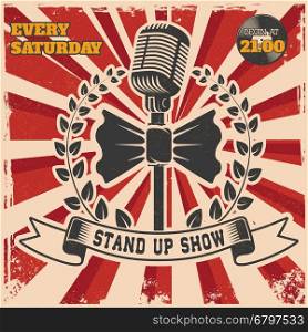 Retro stand up comedy show vintage poster template. Design element for poster, flyer, emblem, sign. Vector illustration.