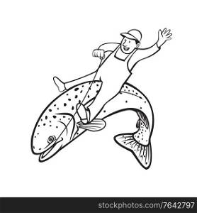 Retro stencil style illustration of trout fisherman riding a steelhead, rainbow trout, Oncorhynchus mykiss, Columbia River redband trout, coastal rainbow trout on isolated background black and white.. Trout Fisherman Riding Steelhead or Rainbow Trout Retro Stencil Black and White