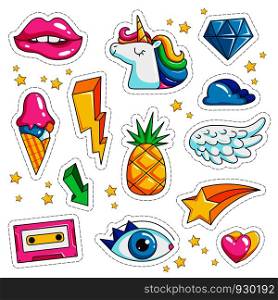 Retro stickers. Cute colored sweet kissing jacket temporary 90th vector icons. Illustration of retro sticker, fashion cartoon patch. Retro stickers. Cute colored sweet kissing jacket temporary 90th vector icons