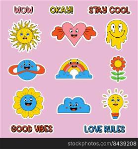 Retro stickers with funny comic cartoon characters in trendy style and cool words. Vector isolated drawings of heart, sun, flower power, melt face emotion, cloud, rainbow, space planet and light bulb