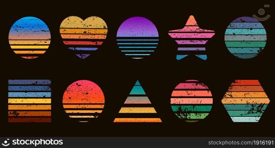 Retro striped sunset prints in heart, star and circle shapes. 80s t-shirt design with beach sunrise. Geometric sea surfing logo vector set. Tropical landscape with night and sunny sky. Retro striped sunset prints in heart, star and circle shapes. 80s t-shirt design with beach sunrise. Geometric sea surfing logo vector set