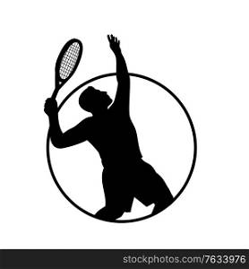 Retro style black and white illustration of a silhouette of a male tennis player with racquet or racket serving viewed from side set inside circle on isolated background.. Male Tennis Player with Racquet Serving Silhouette Circle Retro Retro Black and White