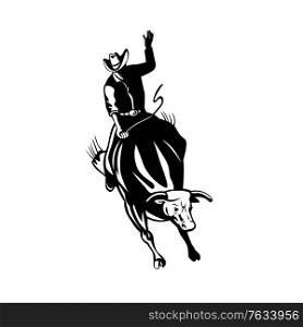 Retro style black and white illustration of rodeo cowboy bull rider riding a bucking bull viewed from front on isolated background.. Rodeo Cowboy Bull Rider Riding Bucking Bronco Retro Black and White