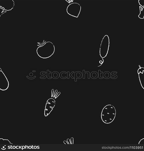 Retro style chalk silhouette vegetable seamless pattern Trendy food background on black chalkboard with chalk contour vegetables. Seamless vector illustration for healthy diet decor, wallpaper pattern. Black chalkboard with chalk contour vegetables