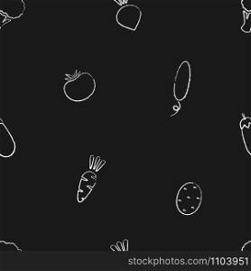 Retro style chalk silhouette vegetable seamless pattern Trendy food background on black chalkboard with chalk contour vegetables. Seamless vector illustration for healthy diet decor, wallpaper pattern. Black chalkboard with chalk contour vegetables