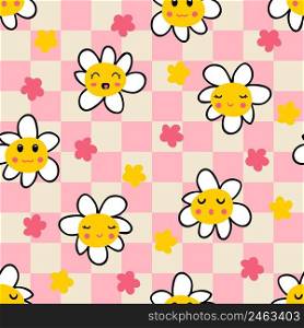 Retro style checkerboard naive daisy seamless pattern. Cute chamomile characters print for nursery and baby fashion. Simple floral illustration for fabric, paper, stationery. 