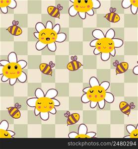 Retro style checkerboard seamless pattern with daisies and bees. Cute characters print for nursery and baby fashion. Simple floral illustration for fabric, paper, stationery.