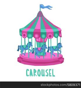 Retro style entertainment park carousel with spinning horses isolated on white background vector illustration. Child Carousel Illustration