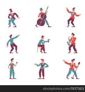 Retro style guys flat color vector faceless characters set. Stylish 50s men. Old fashioned rock n roll male dancers, jazz band musicians isolated cartoon illustrations on white background