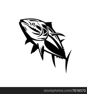 Retro style illustration of a Atlantic bluefin tuna, Thunnus thynnus, northern bluefin tuna, giant bluefin tuna or tunny, swimming up done in black and white on isolated background.. Atlantic Bluefin Tuna Swimming Up Retro Black and White