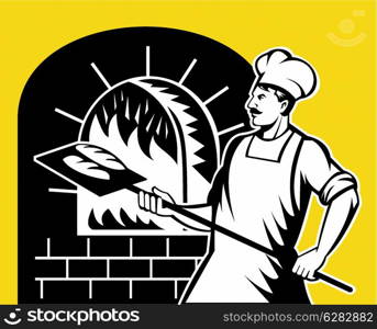 retro style illustration of a baker holding baking pan into wood oven. baker holding baking pan into wood oven
