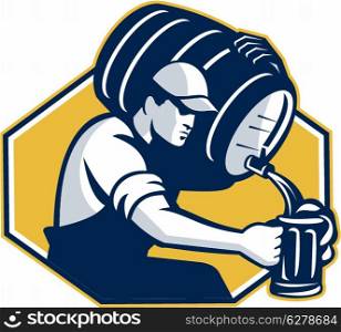 Retro style illustration of a bartender pouring keg barrel of beer into mug set inside hexagon on isolated white background.