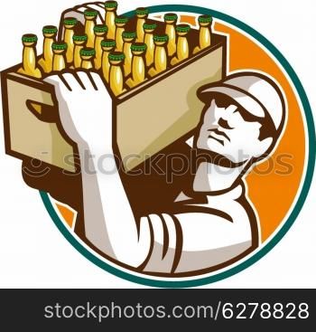 Retro style illustration of a bartender worker carrying case of beer looking up set inside circle on isolated white background.. Bartender Carrying Beer Case Retro