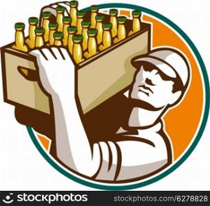 Retro style illustration of a bartender worker carrying case of beer looking up set inside circle on isolated white background.. Bartender Carrying Beer Case Retro
