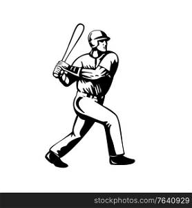 Retro style illustration of a baseball player batting viewed from side on isolated background done in black and white.. Baseball Player Batting Viewed from Side Retro Black and White