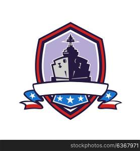 Retro style illustration of a battleship or naval destroyer with stars and stripes ribbon set inside crest shield on isolated background.. Battleship Stars Stripes Crest Retro