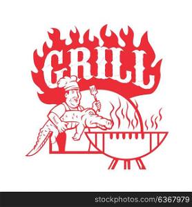 Retro style illustration of a bbq chef carrying a gator to barbecue grill with words Grill on isolated background.. BBQ Chef Carry Gator Grill Retro