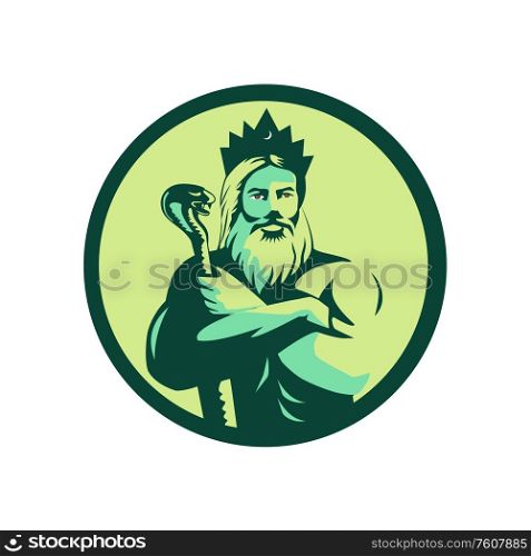 Retro style illustration of a bearded male with red eyes wearing a crown holding a cobra staff and folded arms viewed from front set inside circle on isolated background.. Bearded Male Cobra Staff Folded Arms Retro