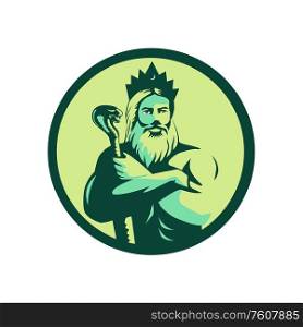 Retro style illustration of a bearded male with red eyes wearing a crown holding a cobra staff and folded arms viewed from front set inside circle on isolated background.. Bearded Male Cobra Staff Folded Arms Retro