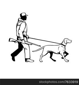 Retro style illustration of a bird hunter or duck shooter with shotgun rifle and Hungarian or Magyar Vizsla pointer dog walking viewed from side on isolated background done in black and white.. Bird Hunter and Hungarian Pointer Dog Walking Side View Retro Black and White