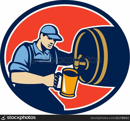 Retro style illustration of a brewer barman barkeeper bartender pouring beer into pitcher from barrel keg facing side set inside oval on isolated white background.