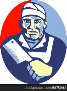 Retro style illustration of a butcher cutter worker holding meat cleaver knife facing front set inside oval shape done in retro style. . Butcher Cutter Meat Cleaver Knife Oval Retro