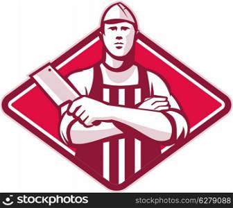 Retro style illustration of a butcher cutter worker with meat cleaver knife facing front set inside diamond on isolated background.