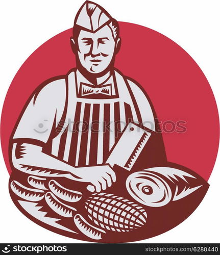 Retro style illustration of a butcher cutter worker with meat cleaver knife facing front set inside circle on isolated background.